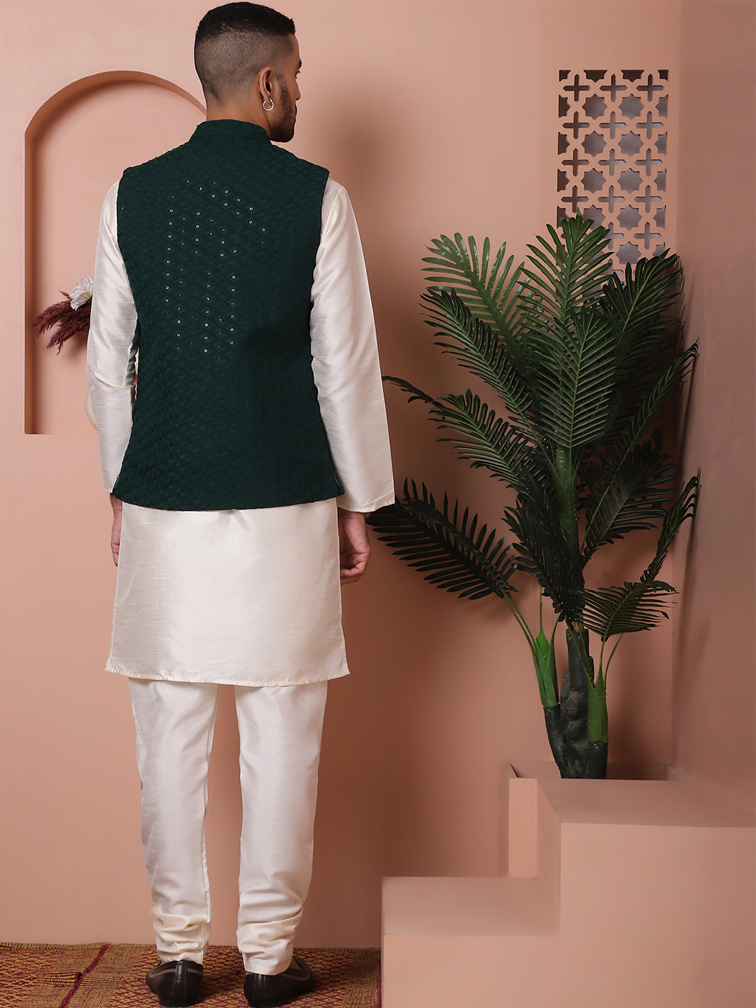 Embroidered and Sequin Nehru Jacket With Solid Kurta Pyjama ( ANMKPWC 636W 7004Olive )