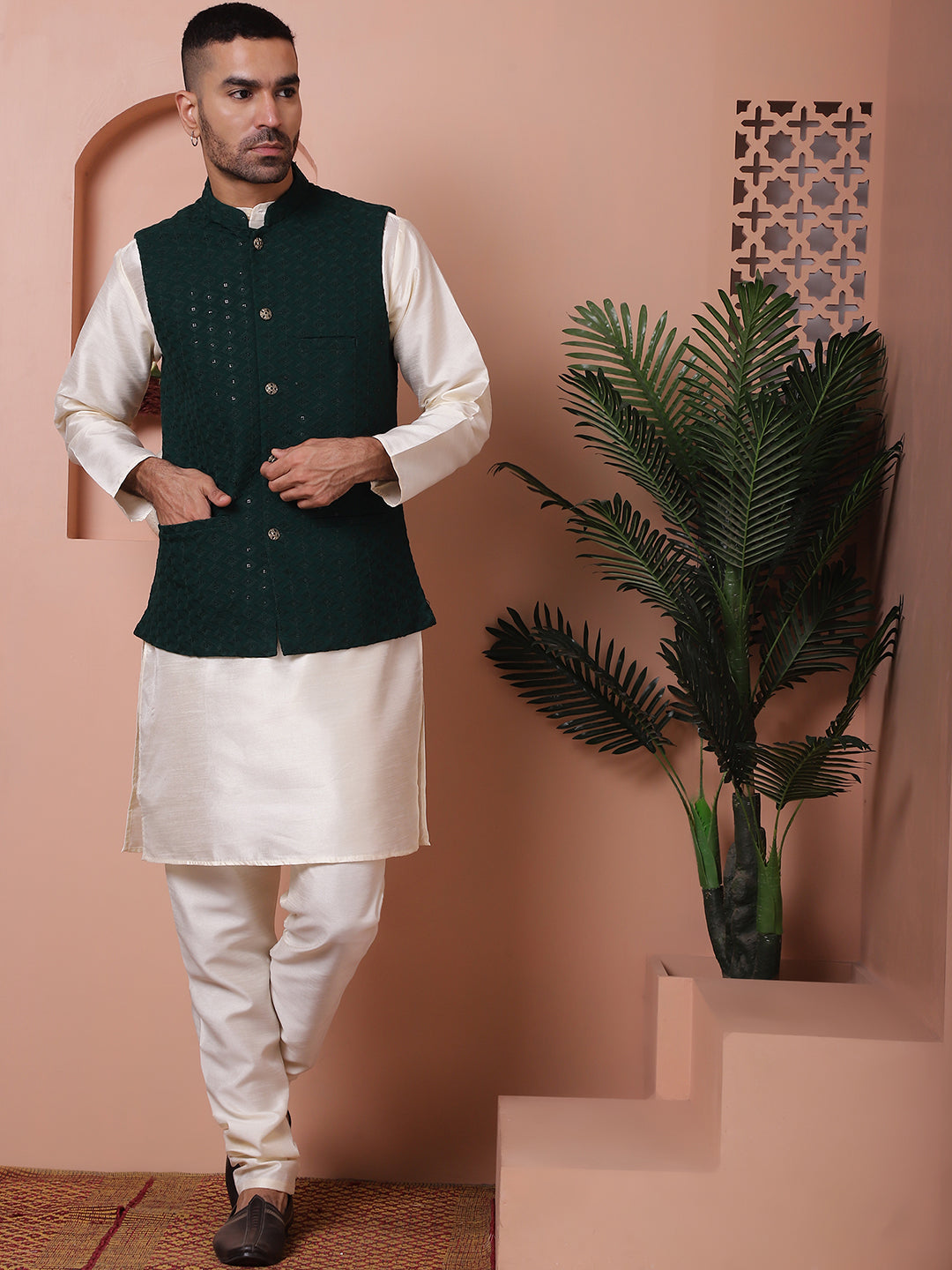 Embroidered and Sequin Nehru Jacket With Solid Kurta Pyjama ( ANMKPWC 636W 7004Olive )