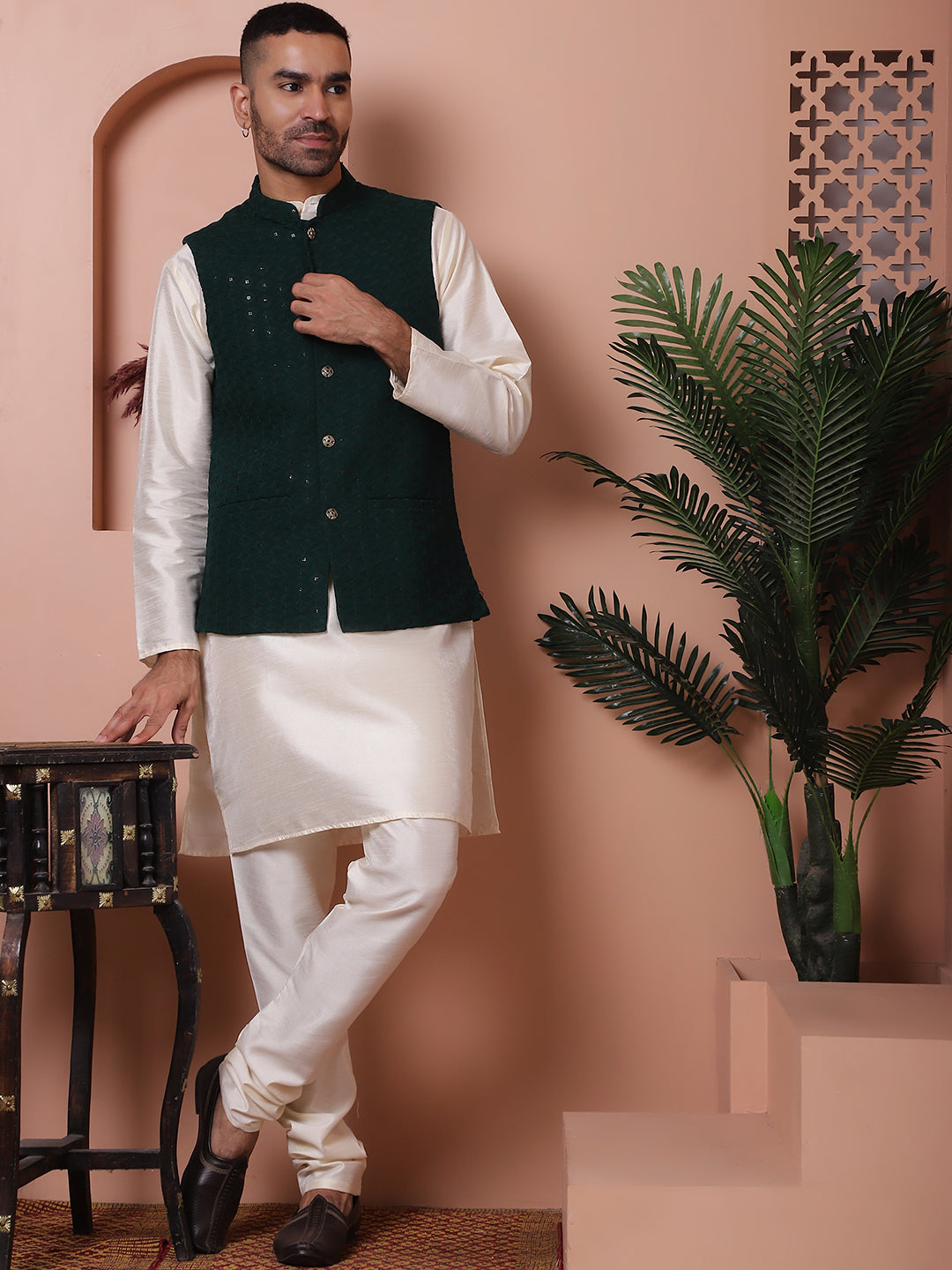 Embroidered and Sequin Nehru Jacket With Solid Kurta Pyjama ( ANMKPWC 636W 7004Olive )