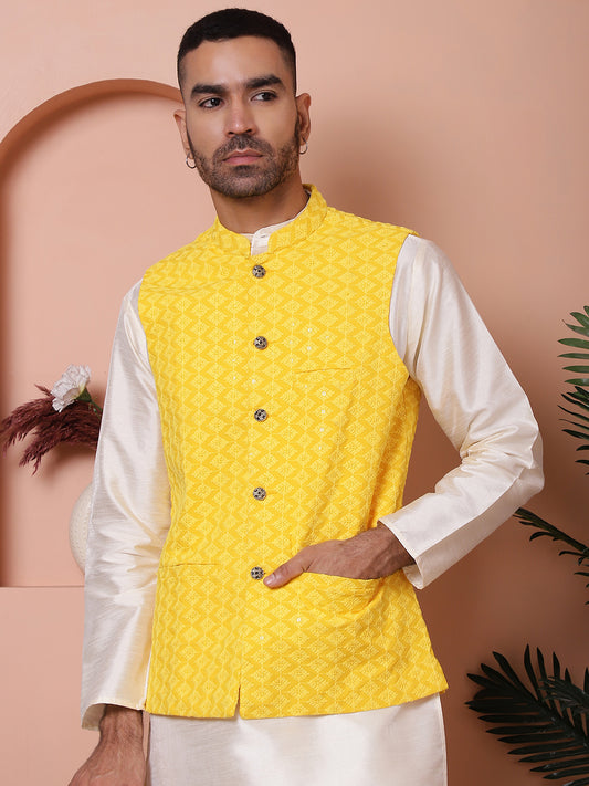 Embroidered and Sequin Nehru Jacket With Solid Kurta Pyjama ( ANMKPWC 636W 7004Yellow )