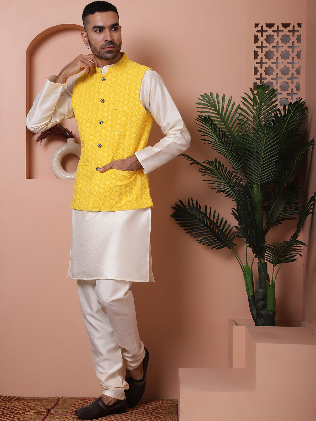 Embroidered and Sequin Nehru Jacket With Solid Kurta Pyjama ( ANMKPWC 636W 7004Yellow )