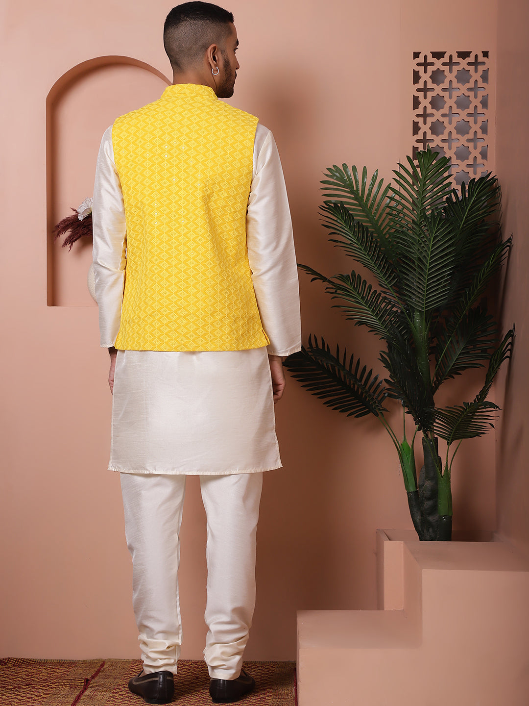 Embroidered and Sequin Nehru Jacket With Solid Kurta Pyjama ( ANMKPWC 636W 7004Yellow )