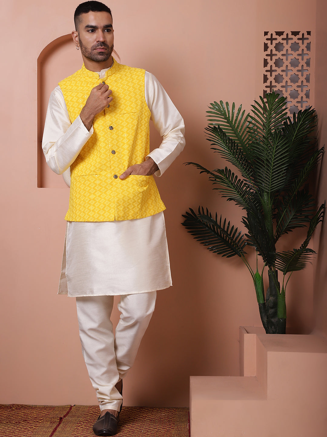 Embroidered and Sequin Nehru Jacket With Solid Kurta Pyjama ( ANMKPWC 636W 7004Yellow )