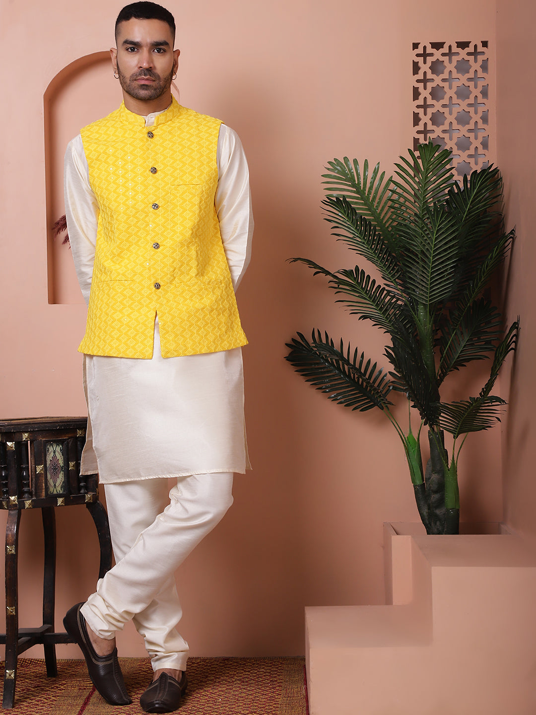 Embroidered and Sequin Nehru Jacket With Solid Kurta Pyjama ( ANMKPWC 636W 7004Yellow )