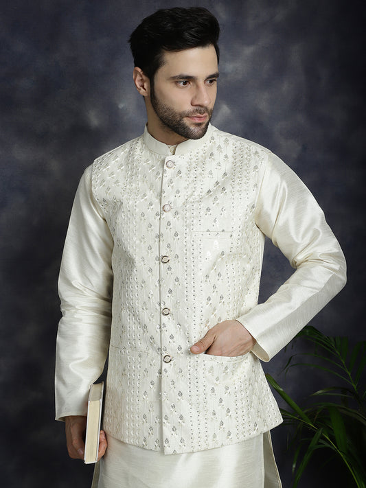 Embroidered and Sequin Nehru Jacket with Solid Kurta Pyjama ( ANMKPWC 636W 7008White )