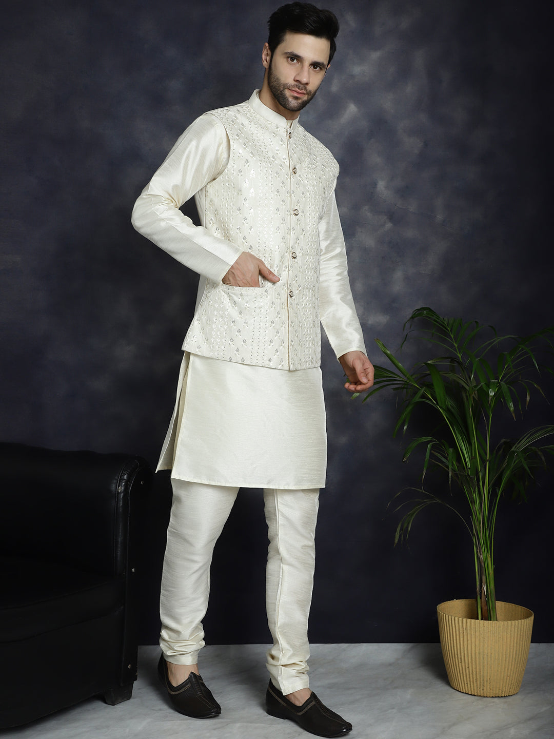 Embroidered and Sequin Nehru Jacket with Solid Kurta Pyjama ( ANMKPWC 636W 7008White )