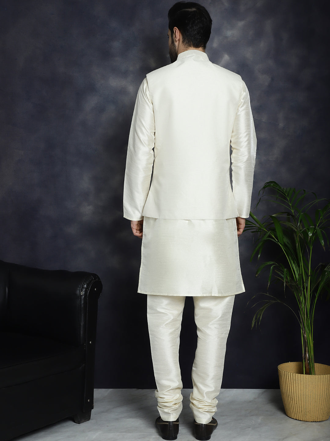 Embroidered and Sequin Nehru Jacket with Solid Kurta Pyjama ( ANMKPWC 636W 7008White )