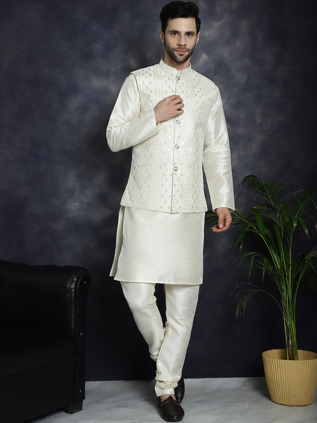 Embroidered and Sequin Nehru Jacket with Solid Kurta Pyjama ( ANMKPWC 636W 7008White )
