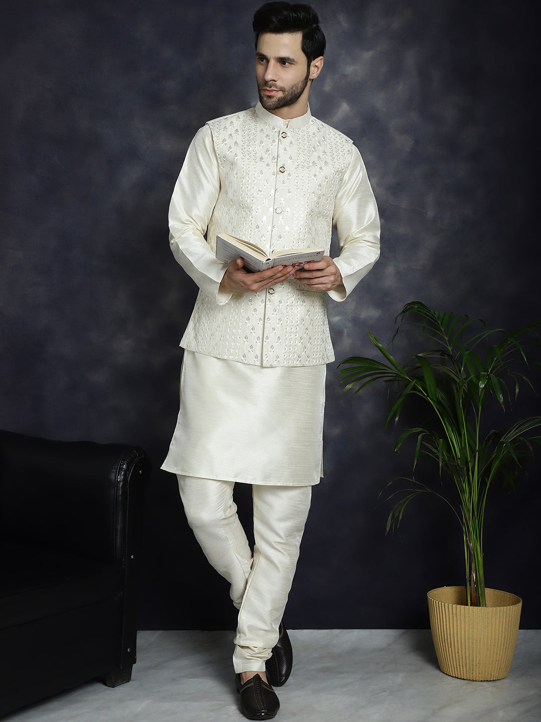 Embroidered and Sequin Nehru Jacket with Solid Kurta Pyjama ( ANMKPWC 636W 7008White )