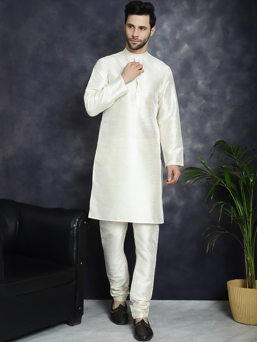 Embroidered and Sequin Nehru Jacket with Solid Kurta Pyjama ( ANMKPWC 636W 7008White )