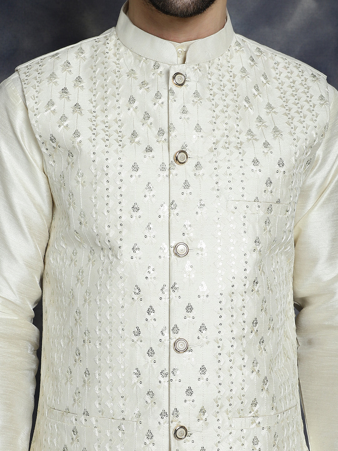 Embroidered and Sequin Nehru Jacket with Solid Kurta Pyjama ( ANMKPWC 636W 7008White )