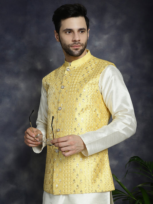 Embroidered and Sequin Nehru Jacket with Solid Kurta Pyjama ( ANMKPWC 636W 7008Yellow )