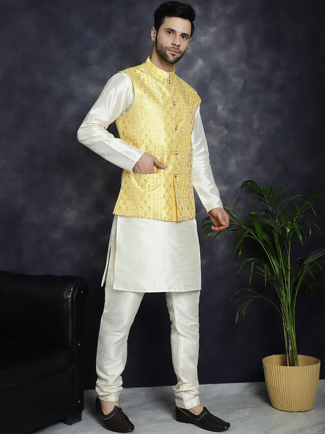 Embroidered and Sequin Nehru Jacket with Solid Kurta Pyjama ( ANMKPWC 636W 7008Yellow )