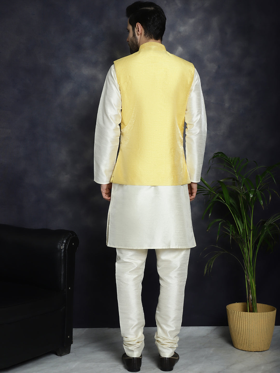 Embroidered and Sequin Nehru Jacket with Solid Kurta Pyjama ( ANMKPWC 636W 7008Yellow )