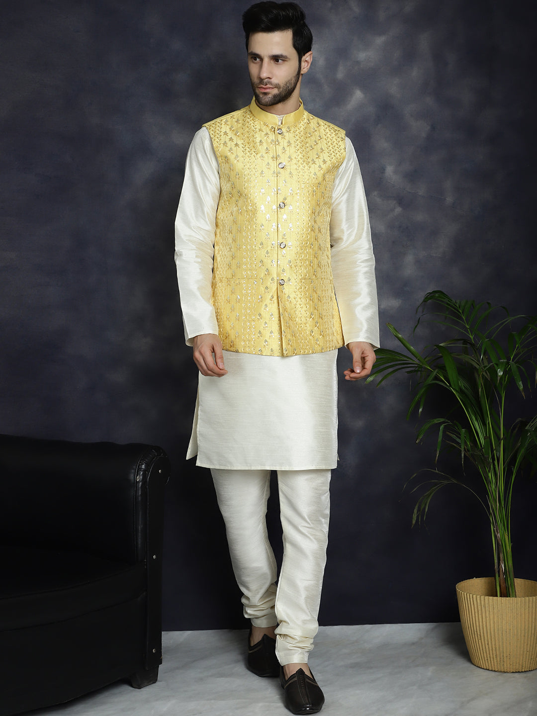 Embroidered and Sequin Nehru Jacket with Solid Kurta Pyjama ( ANMKPWC 636W 7008Yellow )