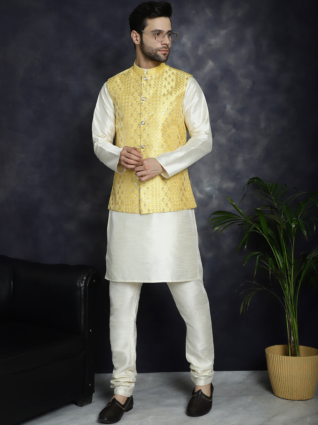 Embroidered and Sequin Nehru Jacket with Solid Kurta Pyjama ( ANMKPWC 636W 7008Yellow )