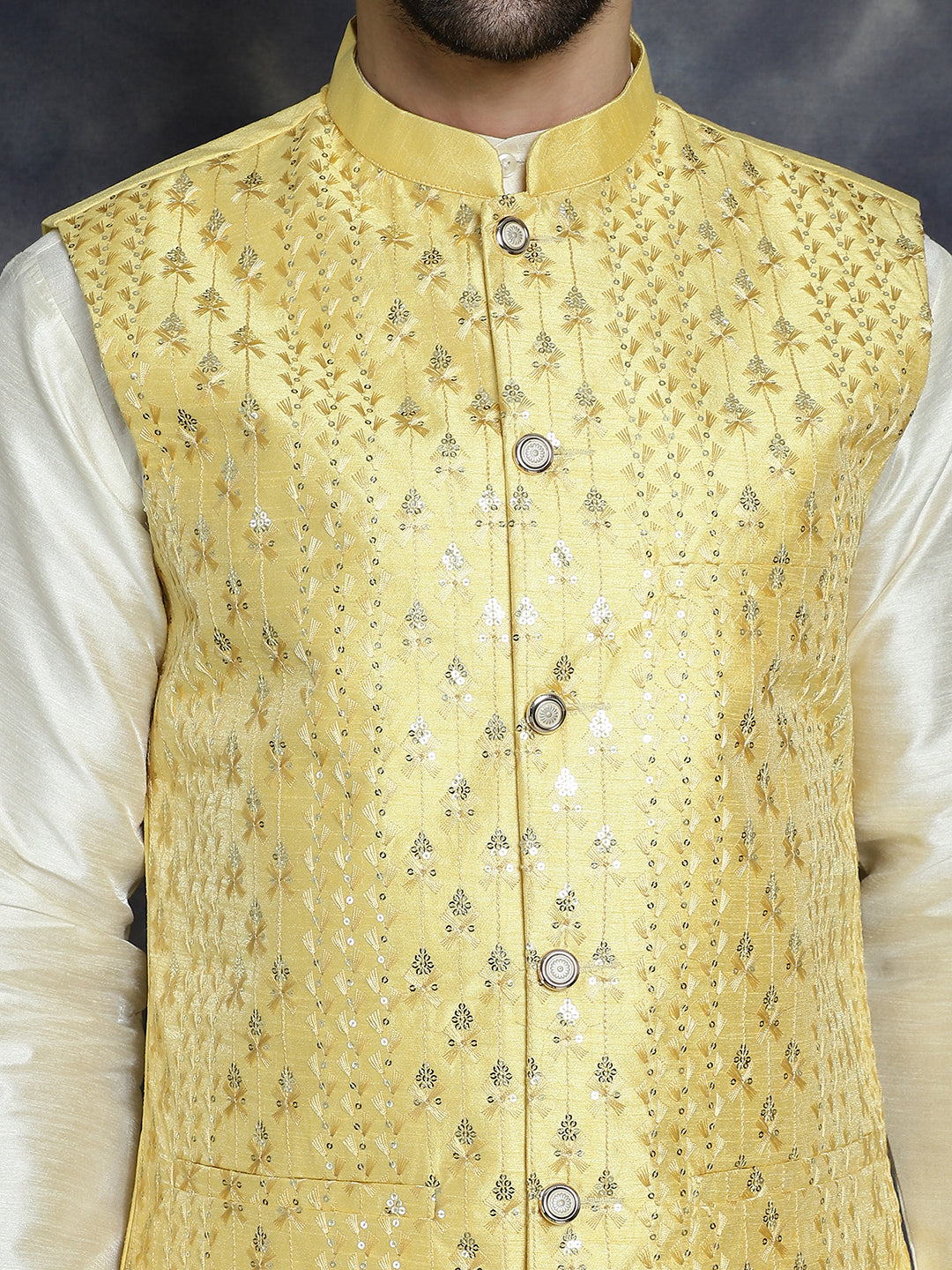 Embroidered and Sequin Nehru Jacket with Solid Kurta Pyjama ( ANMKPWC 636W 7008Yellow )