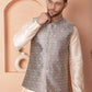 Woven Design Nehru Jacket With Solid Kurta Pyjama ( ANMKPWC 636W 7010Grey )