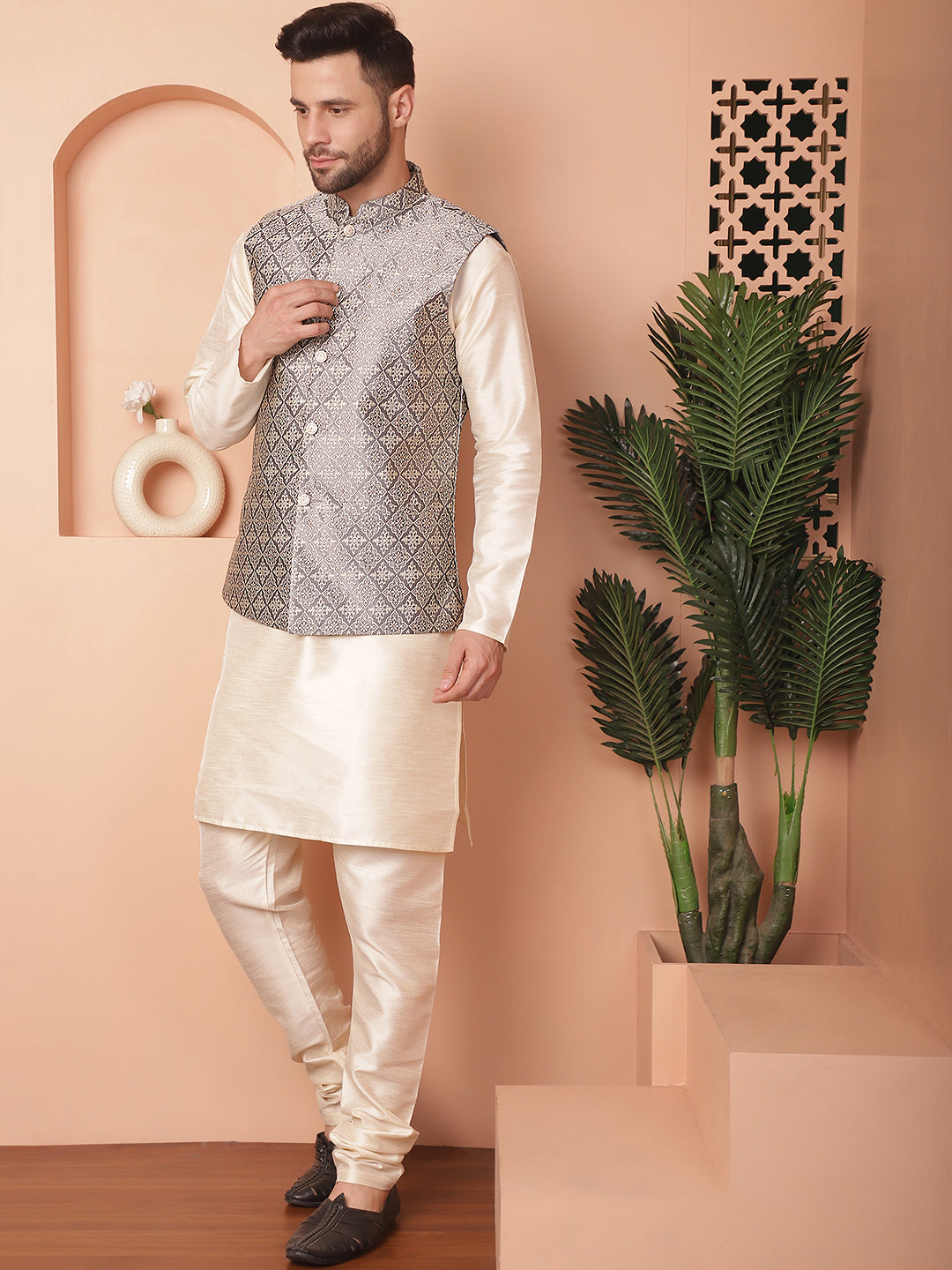 Woven Design Nehru Jacket With Solid Kurta Pyjama ( ANMKPWC 636W 7010Grey )
