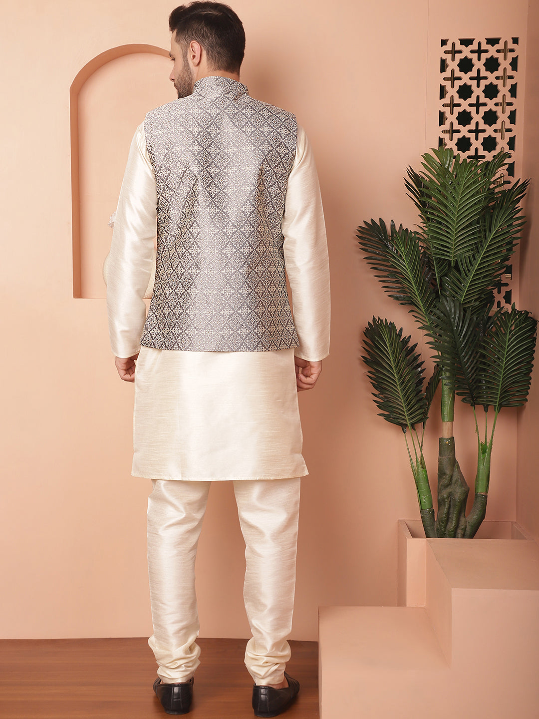 Woven Design Nehru Jacket With Solid Kurta Pyjama ( ANMKPWC 636W 7010Grey )