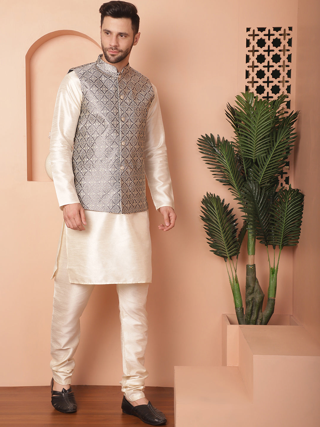 Woven Design Nehru Jacket With Solid Kurta Pyjama ( ANMKPWC 636W 7010Grey )