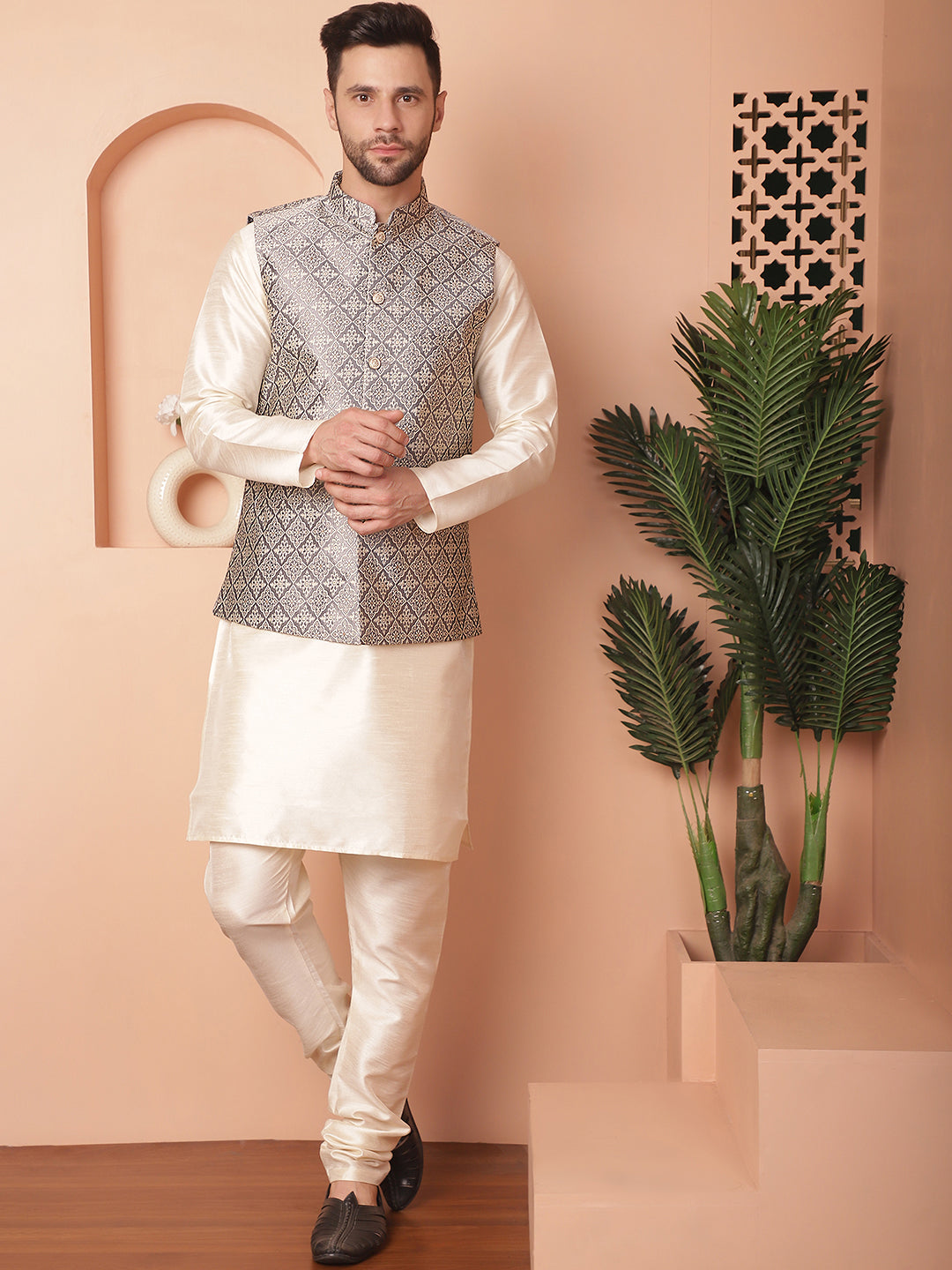 Woven Design Nehru Jacket With Solid Kurta Pyjama ( ANMKPWC 636W 7010Grey )