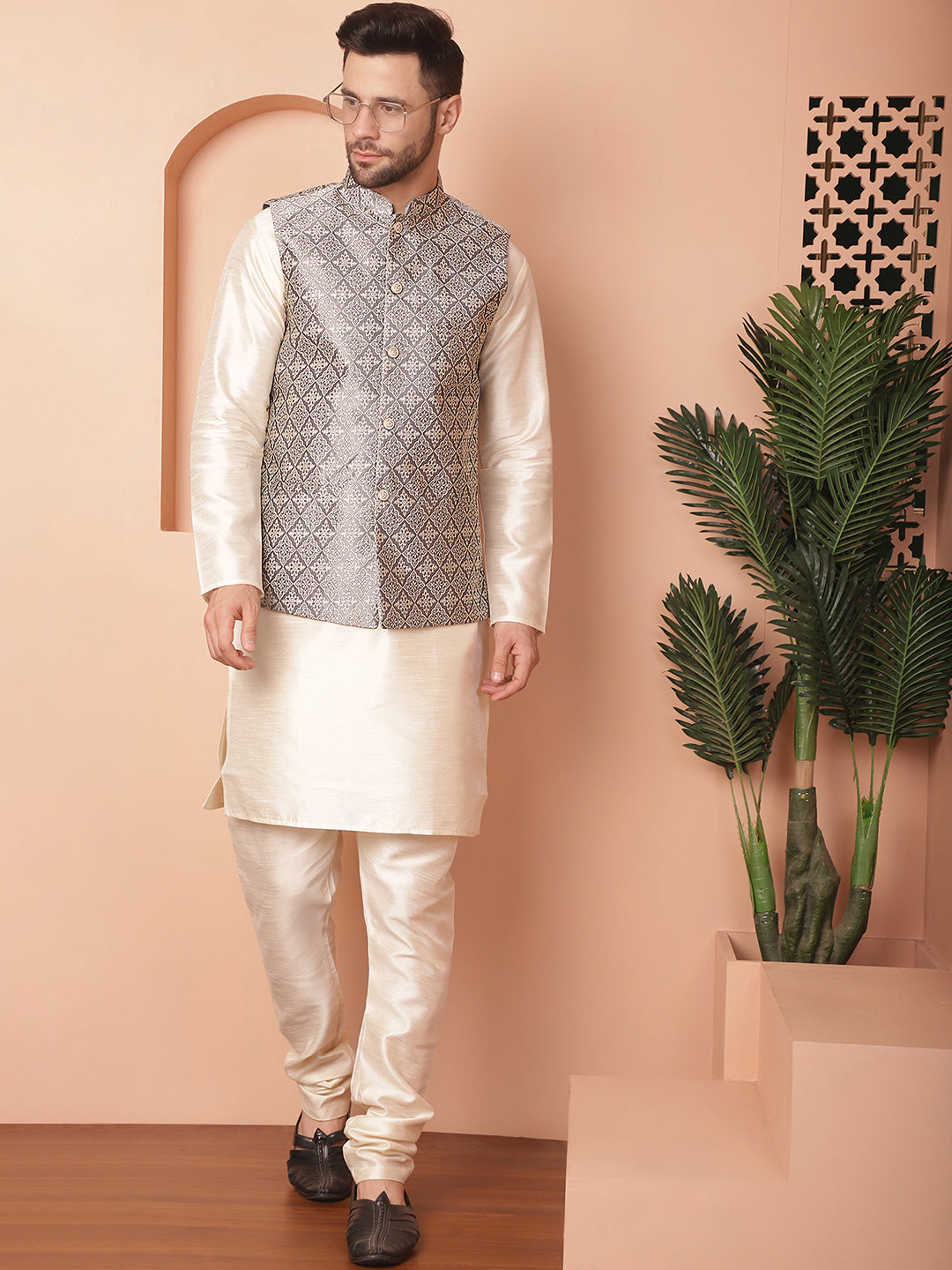 Woven Design Nehru Jacket With Solid Kurta Pyjama ( ANMKPWC 636W 7010Grey )