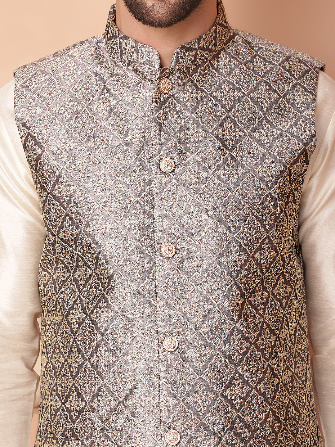 Woven Design Nehru Jacket With Solid Kurta Pyjama ( ANMKPWC 636W 7010Grey )