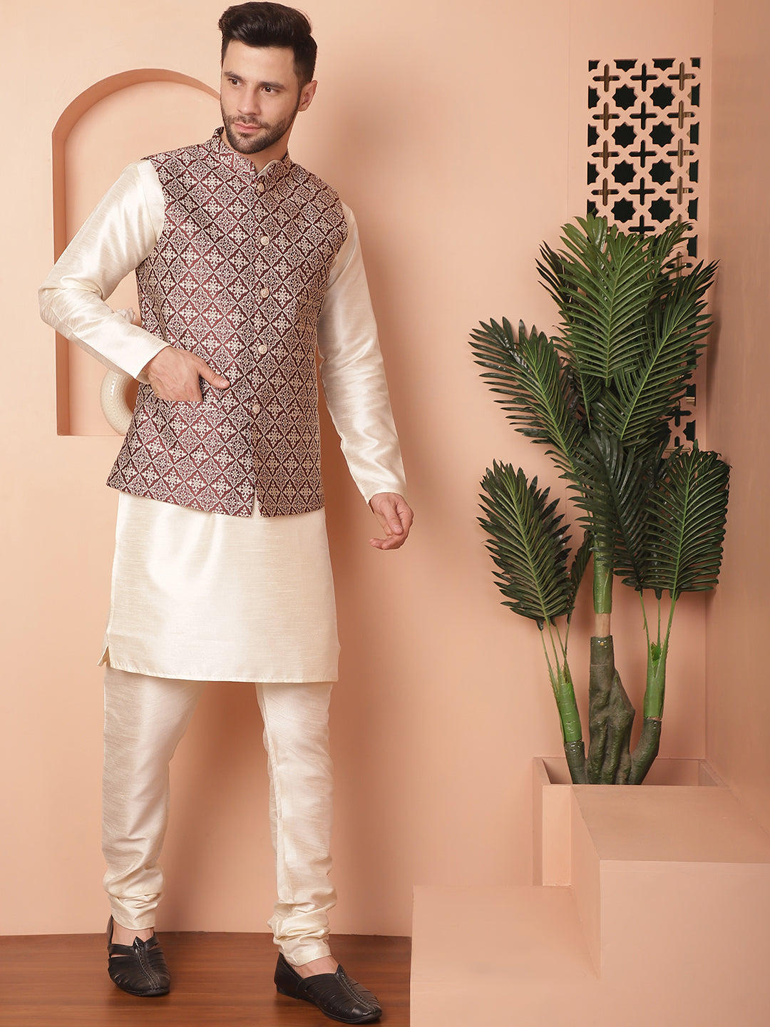 Woven Design Nehru Jacket With Solid Kurta Pyjama ( ANMKPWC 636W 7010Maroon )