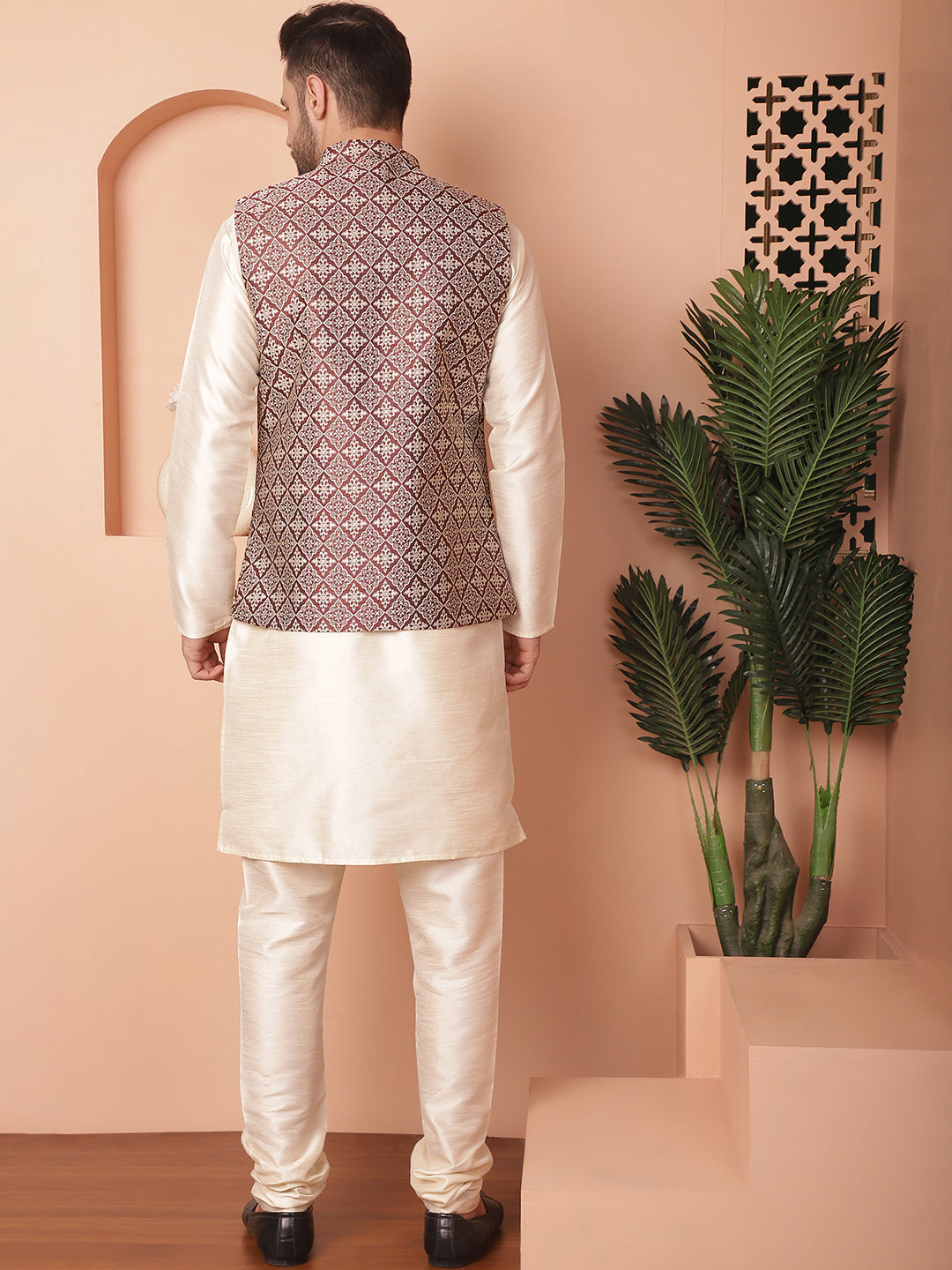 Woven Design Nehru Jacket With Solid Kurta Pyjama ( ANMKPWC 636W 7010Maroon )