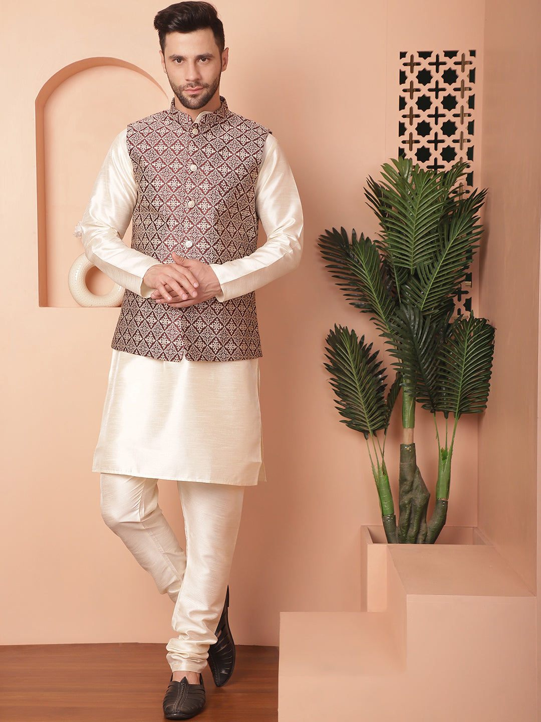 Woven Design Nehru Jacket With Solid Kurta Pyjama ( ANMKPWC 636W 7010Maroon )