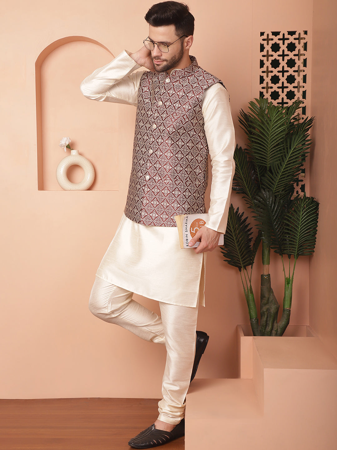 Woven Design Nehru Jacket With Solid Kurta Pyjama ( ANMKPWC 636W 7010Maroon )