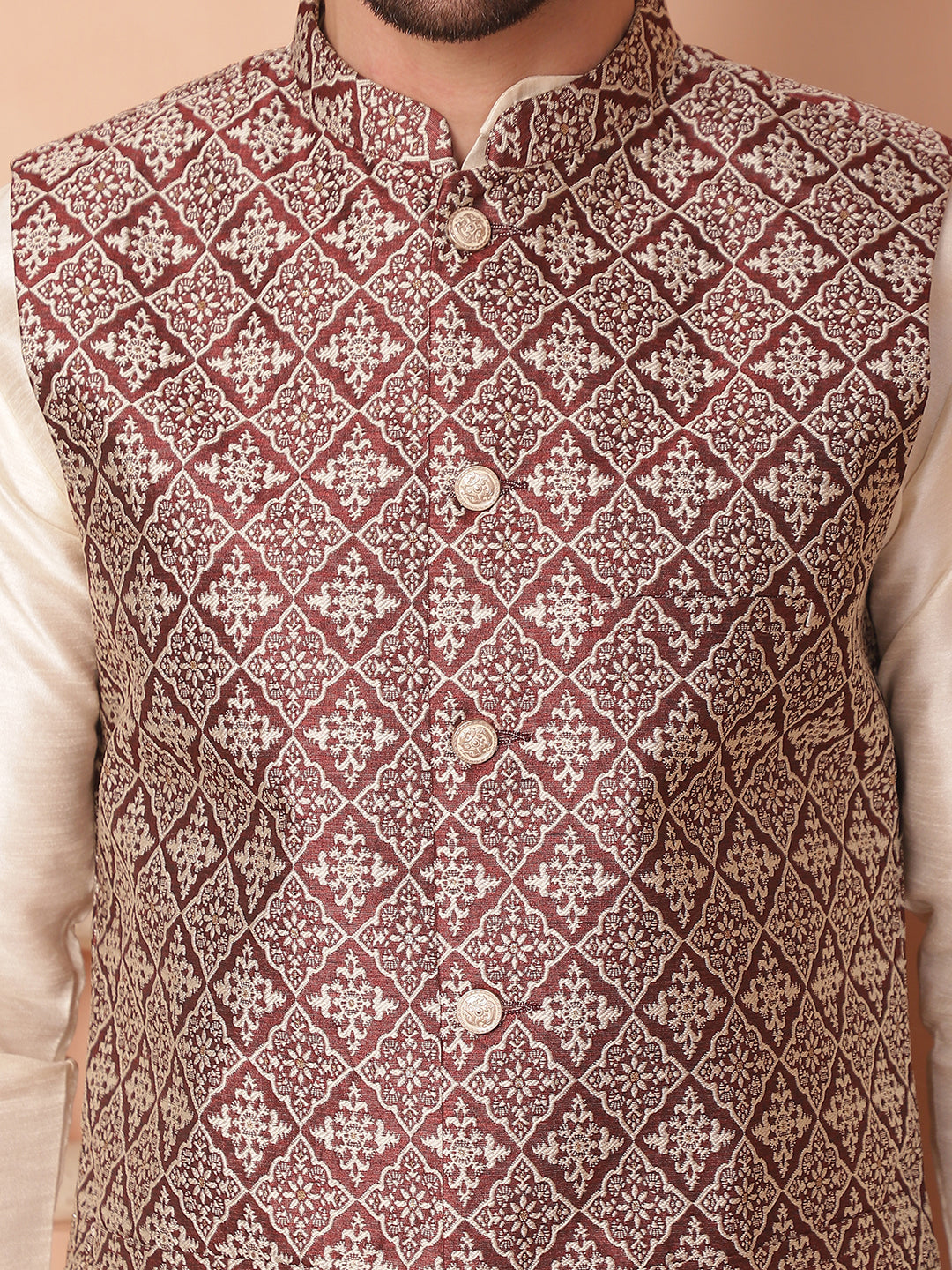 Woven Design Nehru Jacket With Solid Kurta Pyjama ( ANMKPWC 636W 7010Maroon )
