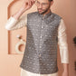Woven Design Nehru Jacket With Solid Kurta Pyjama ( ANMKPWC 636W 7010Navy )