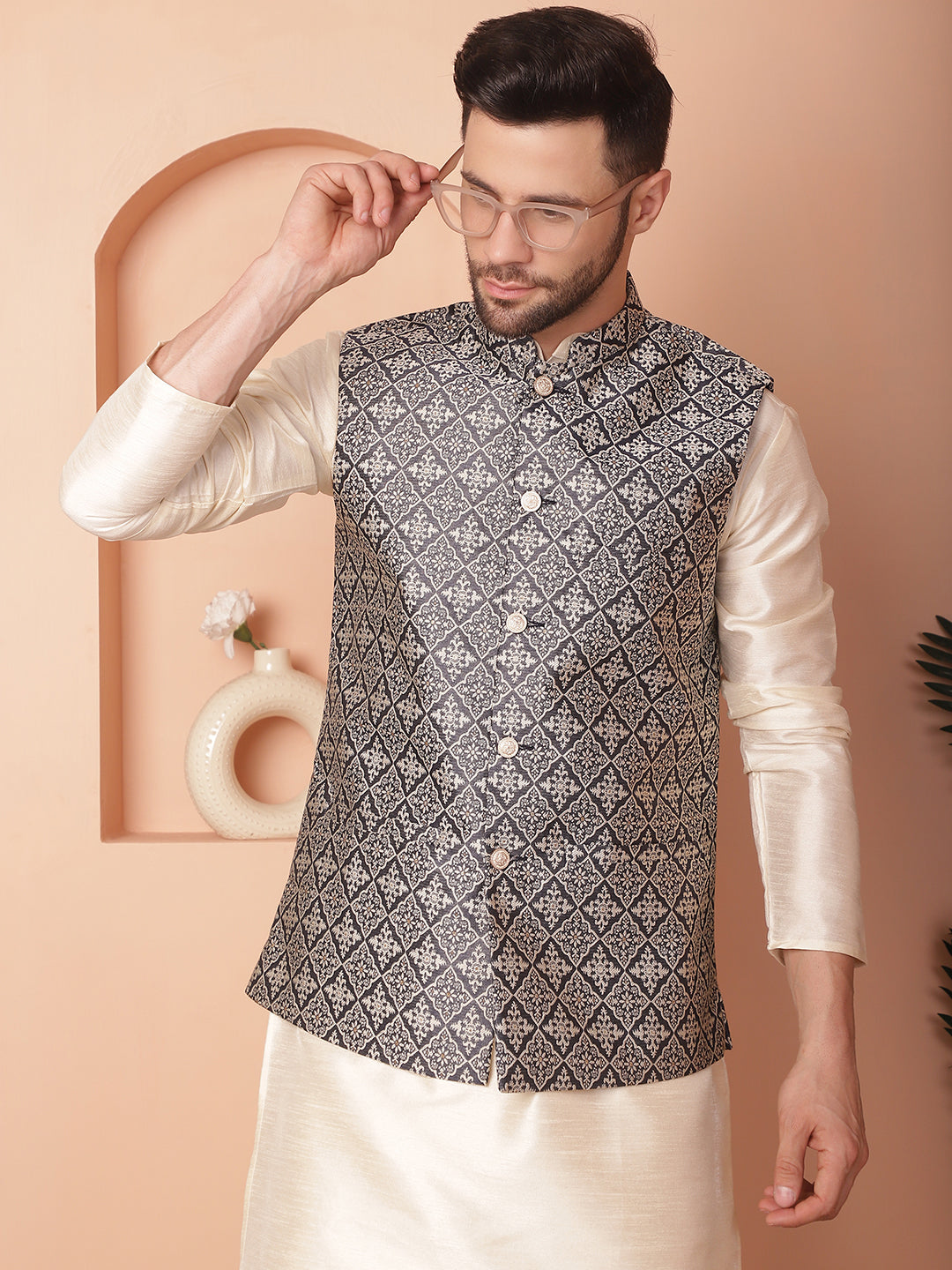Woven Design Nehru Jacket With Solid Kurta Pyjama ( ANMKPWC 636W 7010Navy )