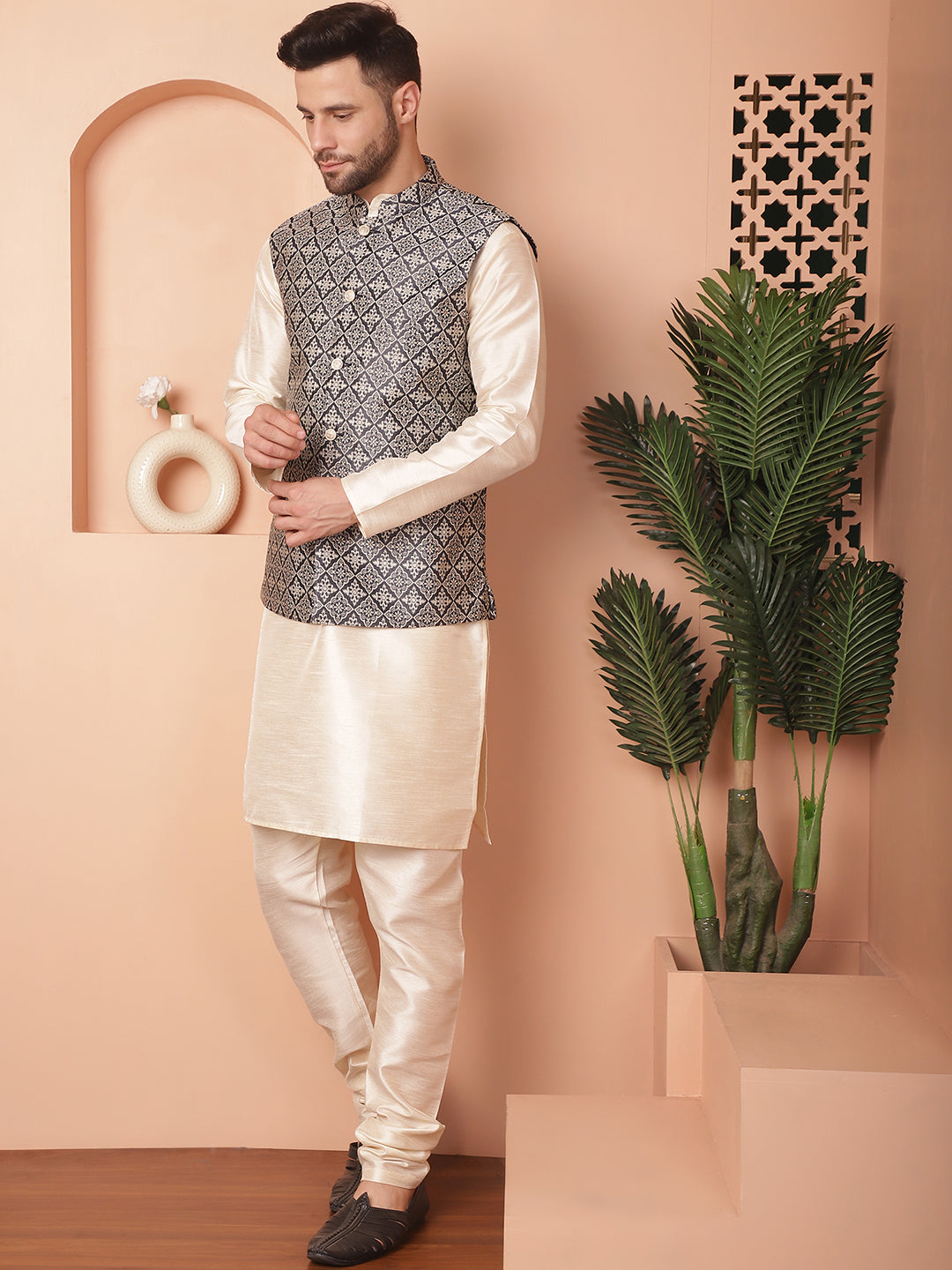 Woven Design Nehru Jacket With Solid Kurta Pyjama ( ANMKPWC 636W 7010Navy )