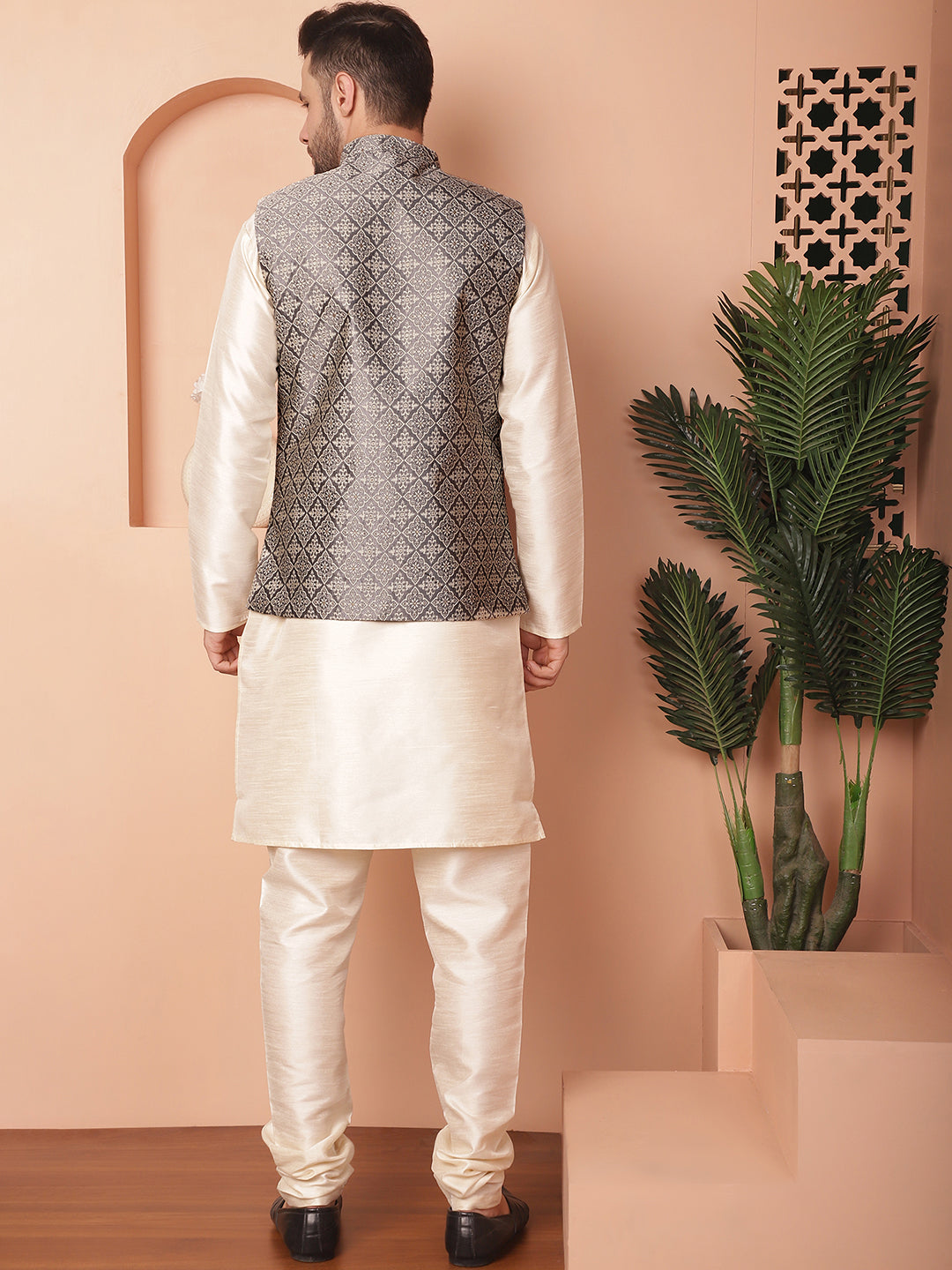Woven Design Nehru Jacket With Solid Kurta Pyjama ( ANMKPWC 636W 7010Navy )
