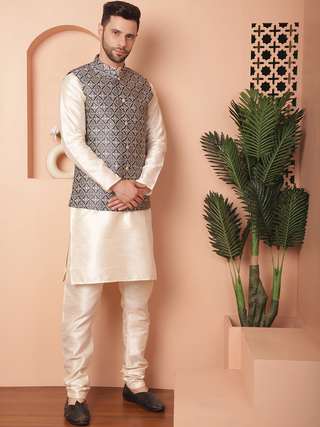 Woven Design Nehru Jacket With Solid Kurta Pyjama ( ANMKPWC 636W 7010Navy )