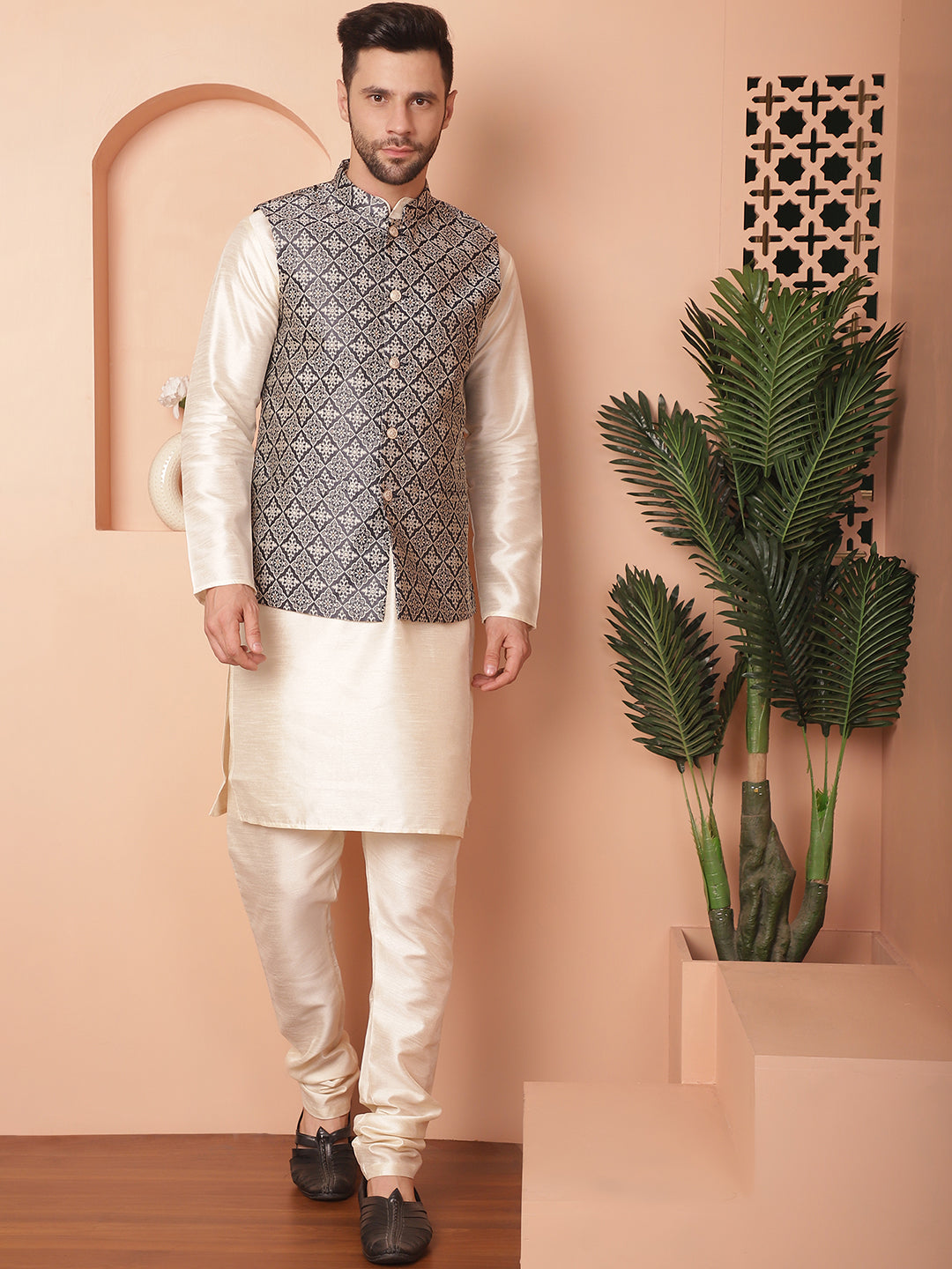 Woven Design Nehru Jacket With Solid Kurta Pyjama ( ANMKPWC 636W 7010Navy )