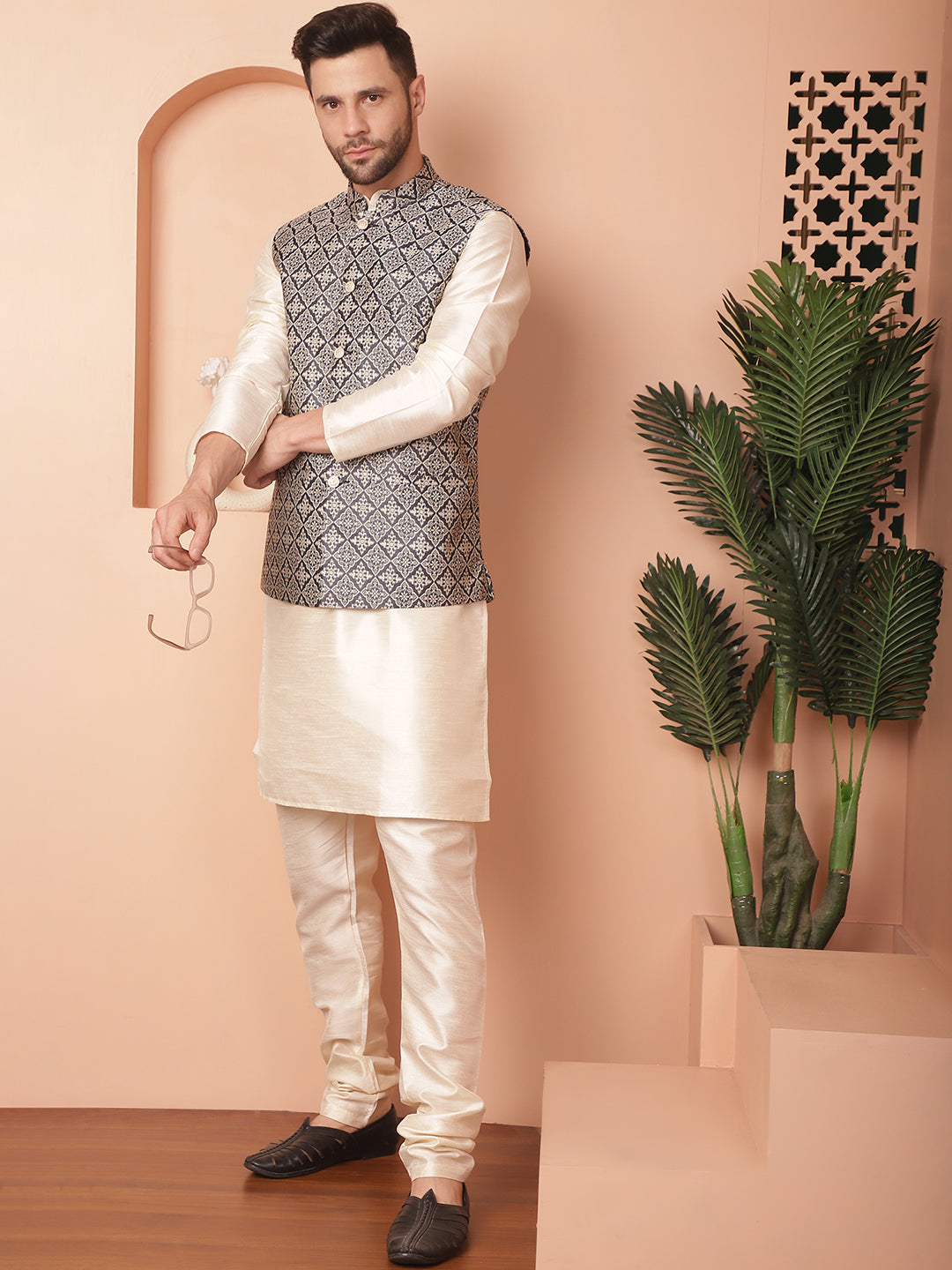 Woven Design Nehru Jacket With Solid Kurta Pyjama ( ANMKPWC 636W 7010Navy )