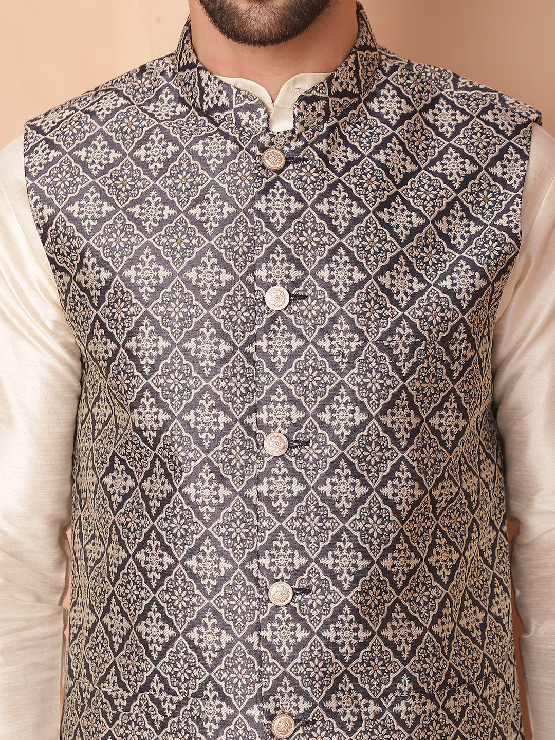 Woven Design Nehru Jacket With Solid Kurta Pyjama ( ANMKPWC 636W 7010Navy )