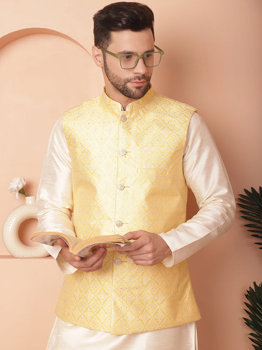 Woven Design Nehru Jacket With Solid Kurta Pyjama ( ANMKPWC 636W 7010Yellow )