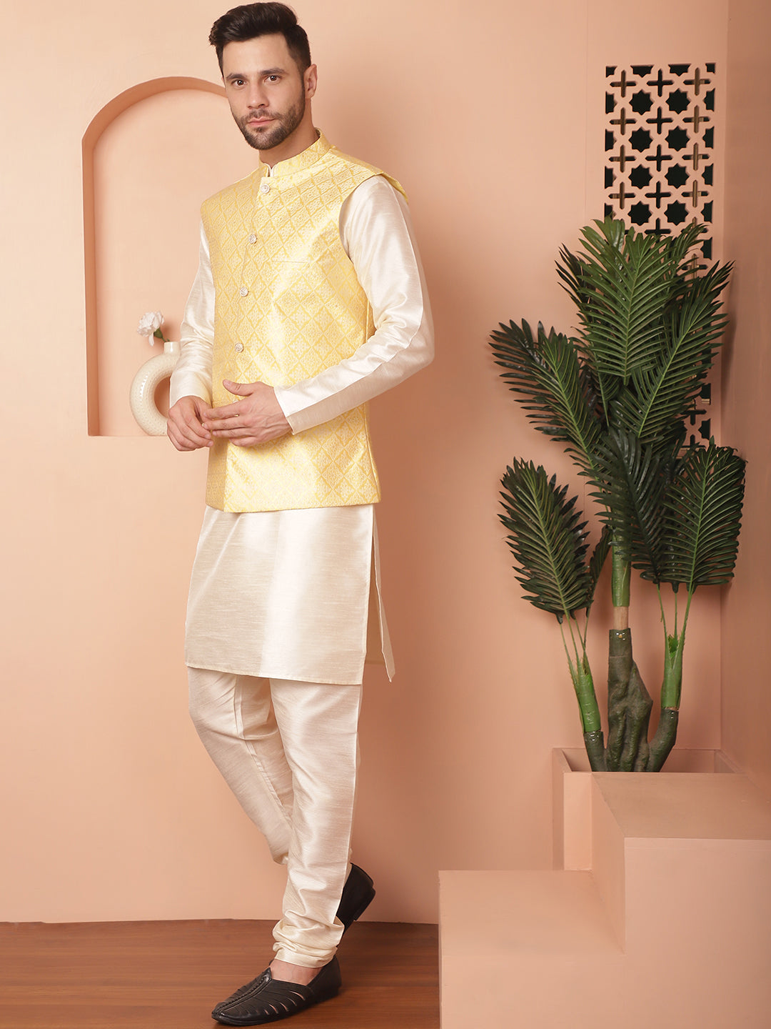Woven Design Nehru Jacket With Solid Kurta Pyjama ( ANMKPWC 636W 7010Yellow )
