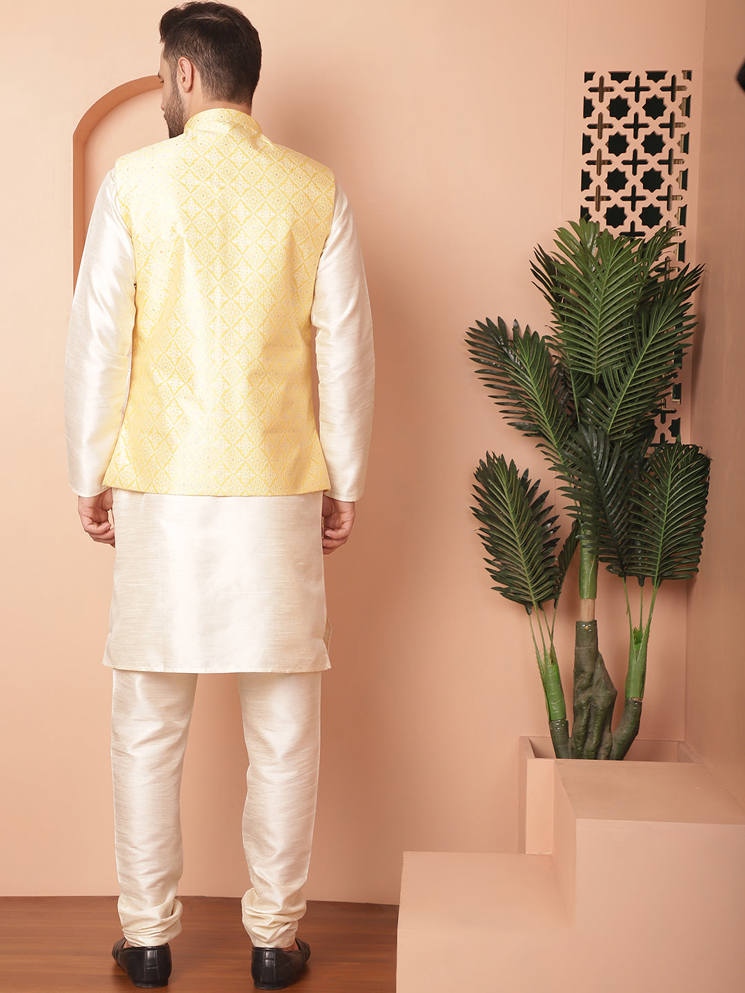 Woven Design Nehru Jacket With Solid Kurta Pyjama ( ANMKPWC 636W 7010Yellow )