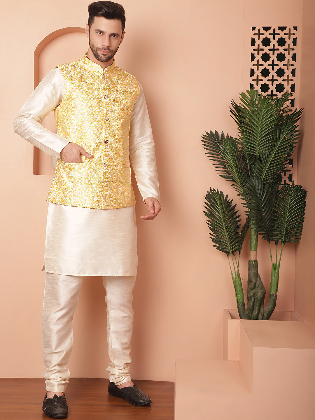 Woven Design Nehru Jacket With Solid Kurta Pyjama ( ANMKPWC 636W 7010Yellow )