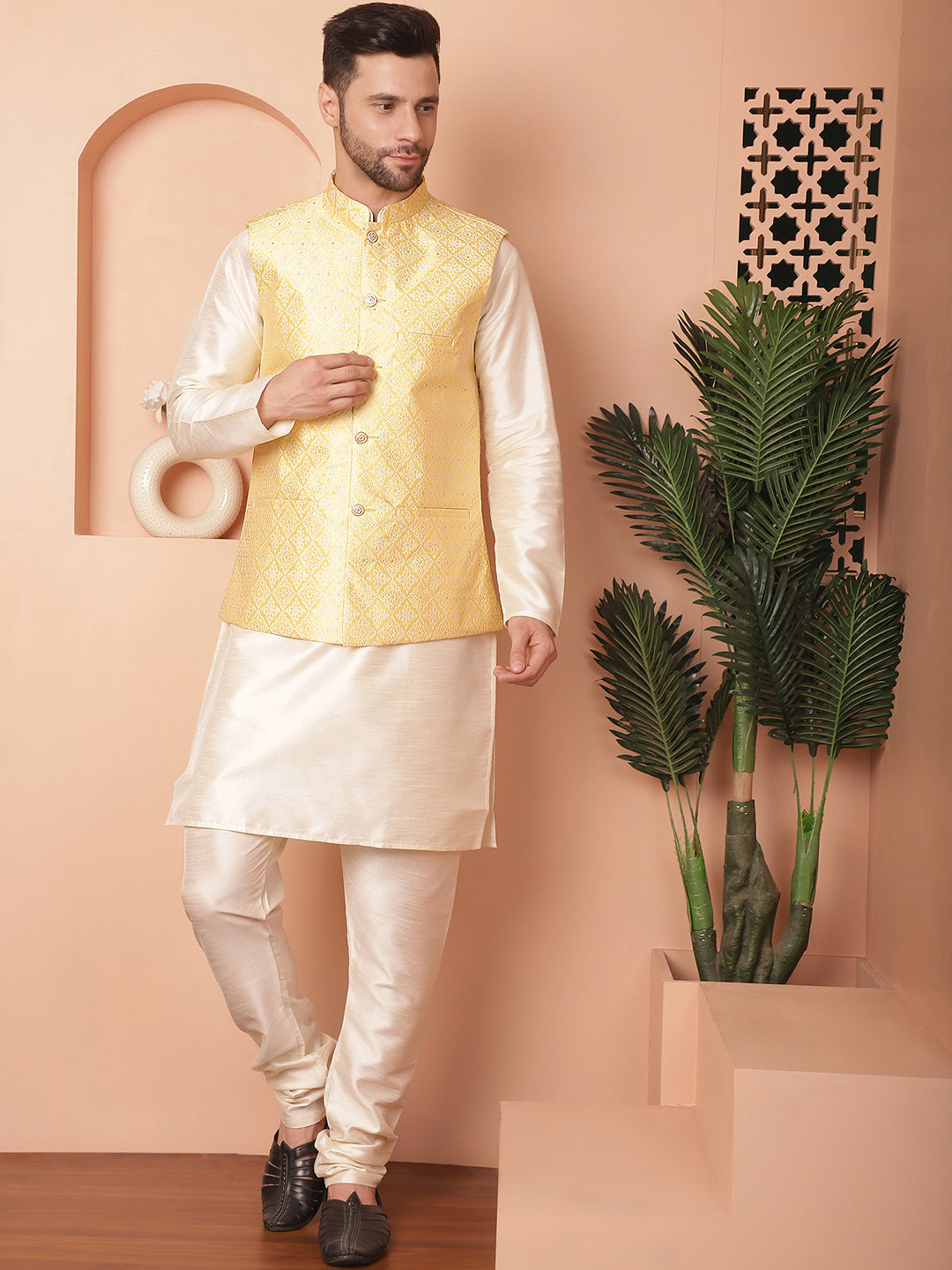 Woven Design Nehru Jacket With Solid Kurta Pyjama ( ANMKPWC 636W 7010Yellow )