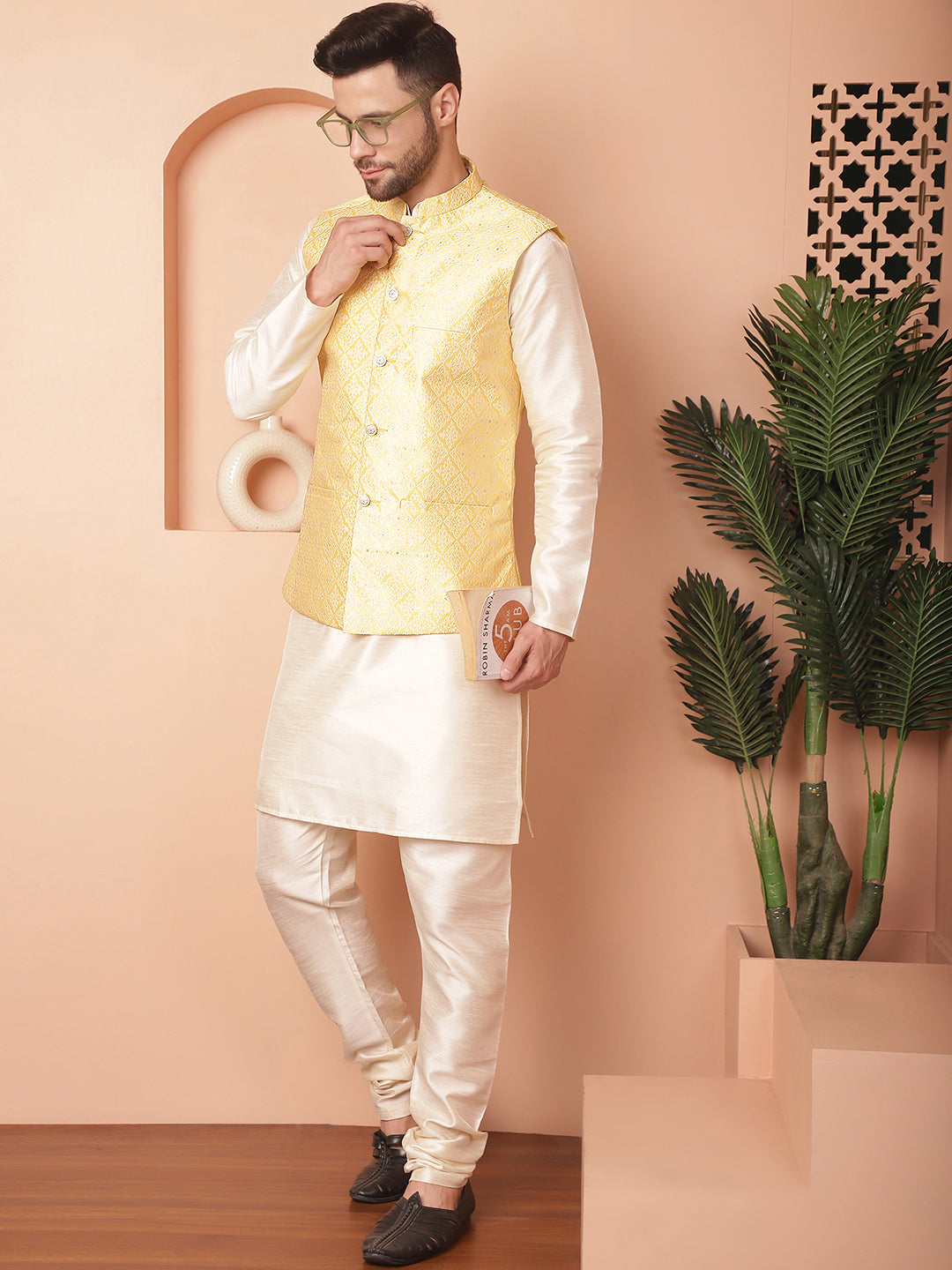 Woven Design Nehru Jacket With Solid Kurta Pyjama ( ANMKPWC 636W 7010Yellow )