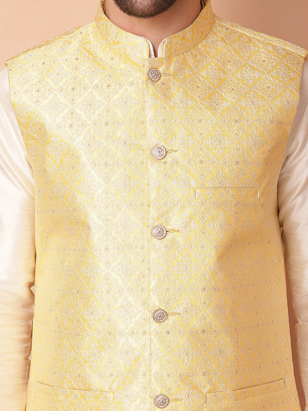 Woven Design Nehru Jacket With Solid Kurta Pyjama ( ANMKPWC 636W 7010Yellow )