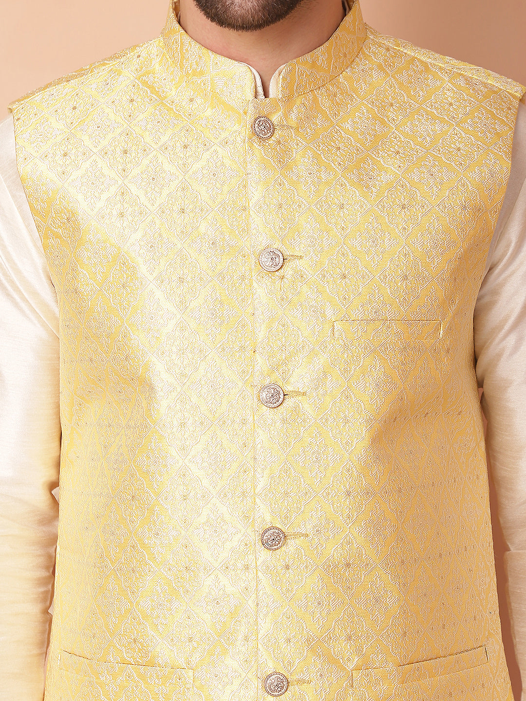 Woven Design Nehru Jacket With Solid Kurta Pyjama ( ANMKPWC 636W 7010Yellow )