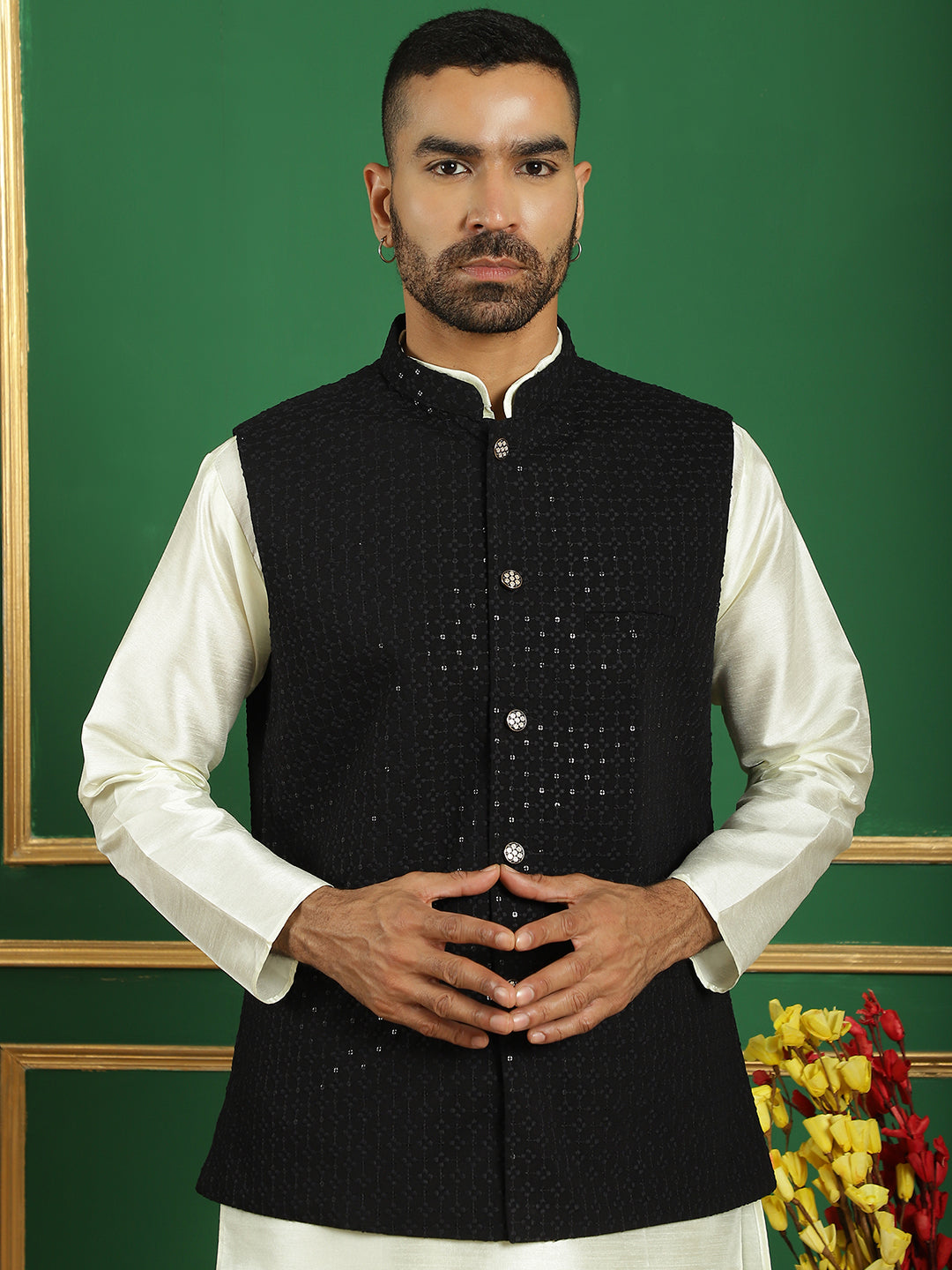 Embroidered and Sequin Nehru Jacket With Solid Kurta Pyjama ( ANMKPWC 636W 7012Black )